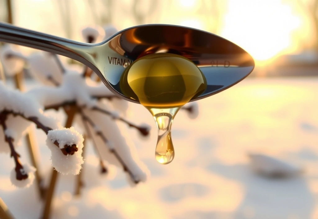 Gotas de vitamina D sobre una cuchara, con el sol de invierno brillando suavemente en el fondo.