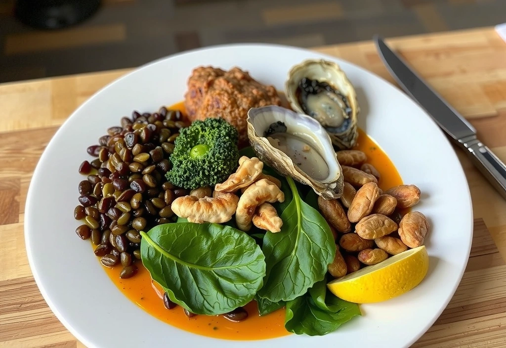 Plato colorido con alimentos ricos en zinc como lentejas, nueces y ostras, presentado de forma apetitosa.