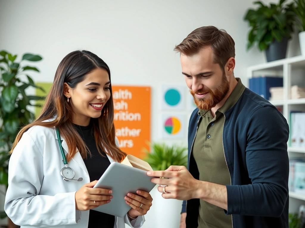 Nutricionista interactuando amistosamente con un cliente en un entorno profesional.