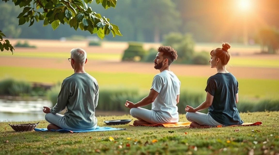 Personas meditando en un entorno tranquilo, simbolizando la paz mental y el bienestar.