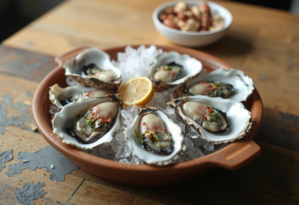 Ostras frescas y frutos secos variados, como nueces y almendras, con texturas naturales.