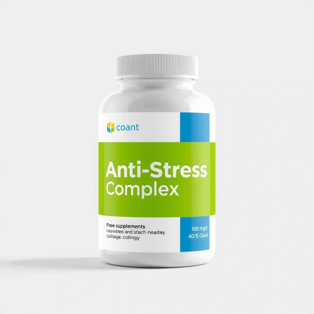 Botella de Complejo Antiestrés, con un diseño moderno y colores suaves, sobre un fondo blanco.