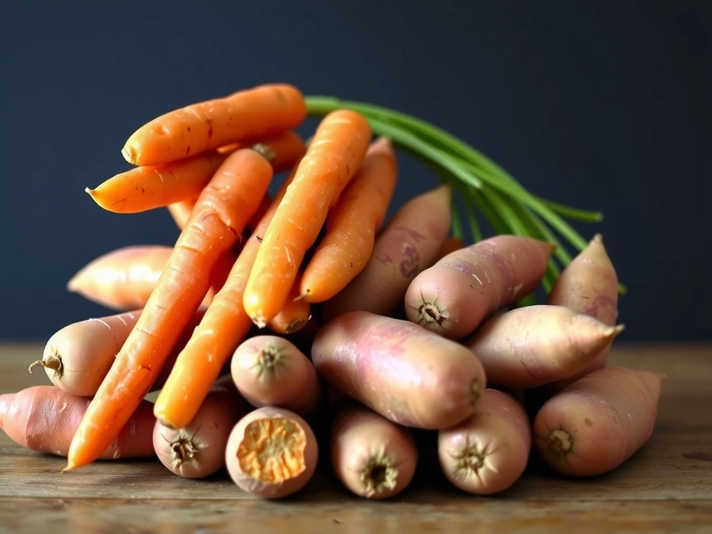 Zanahorias frescas y batatas de colores vibrantes apiladas, con un enfoque nítido en sus texturas y tonos naturales.