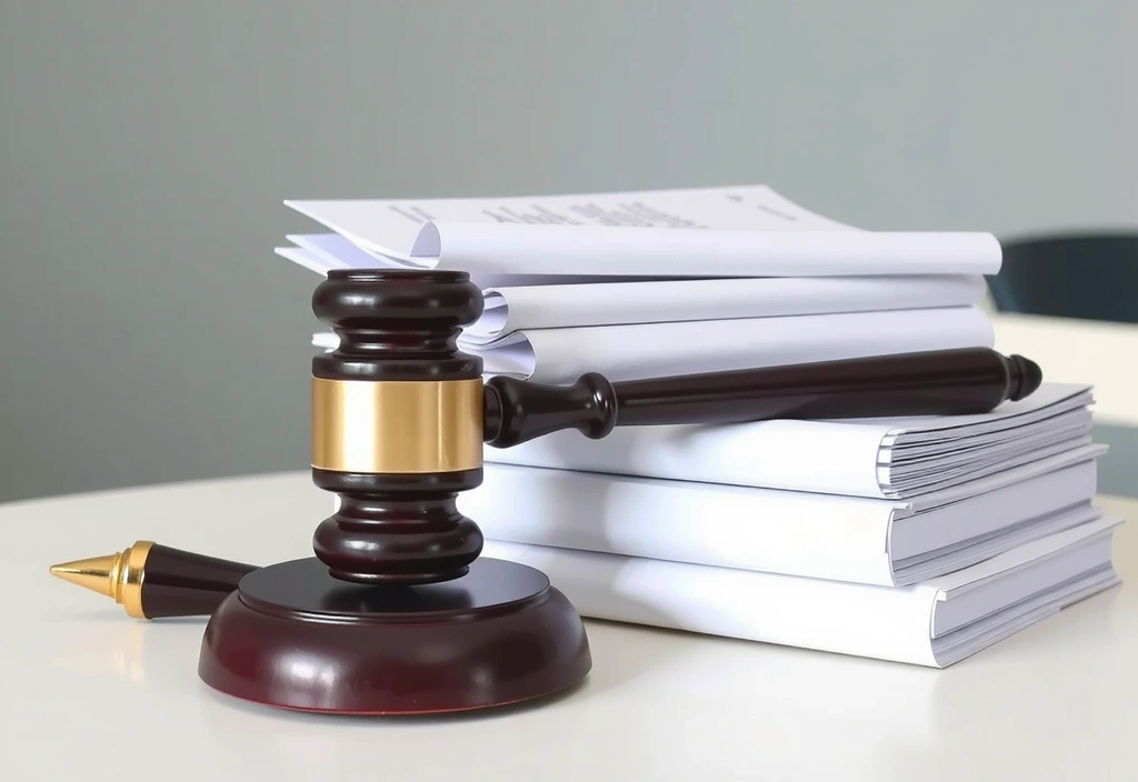 Pila de documentos legales y un martillo de juez, representando términos y condiciones.